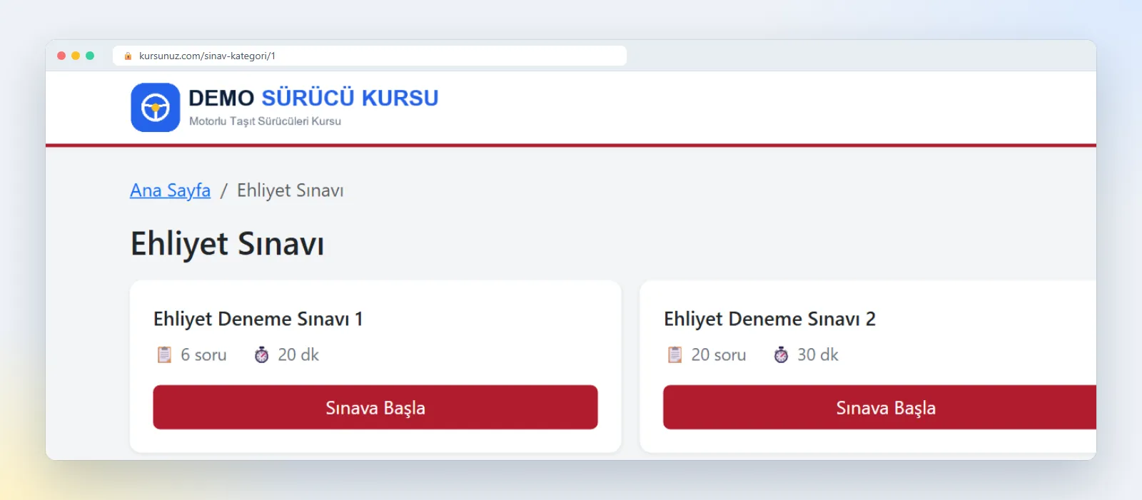 Ehliyet e-sınavı hazırlığı için online deneme sınavları: soru sayısı ve süresiyle listelenen denemeler ve Sınava Başla düğmesi