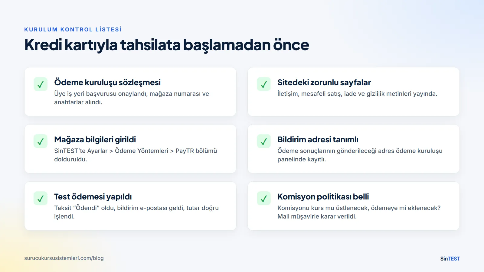 Sürücü kursu için kredi kartıyla ödeme kurulum kontrol listesi: sözleşme, zorunlu sayfalar, mağaza bilgileri, bildirim adresi, test ödemesi, komisyon