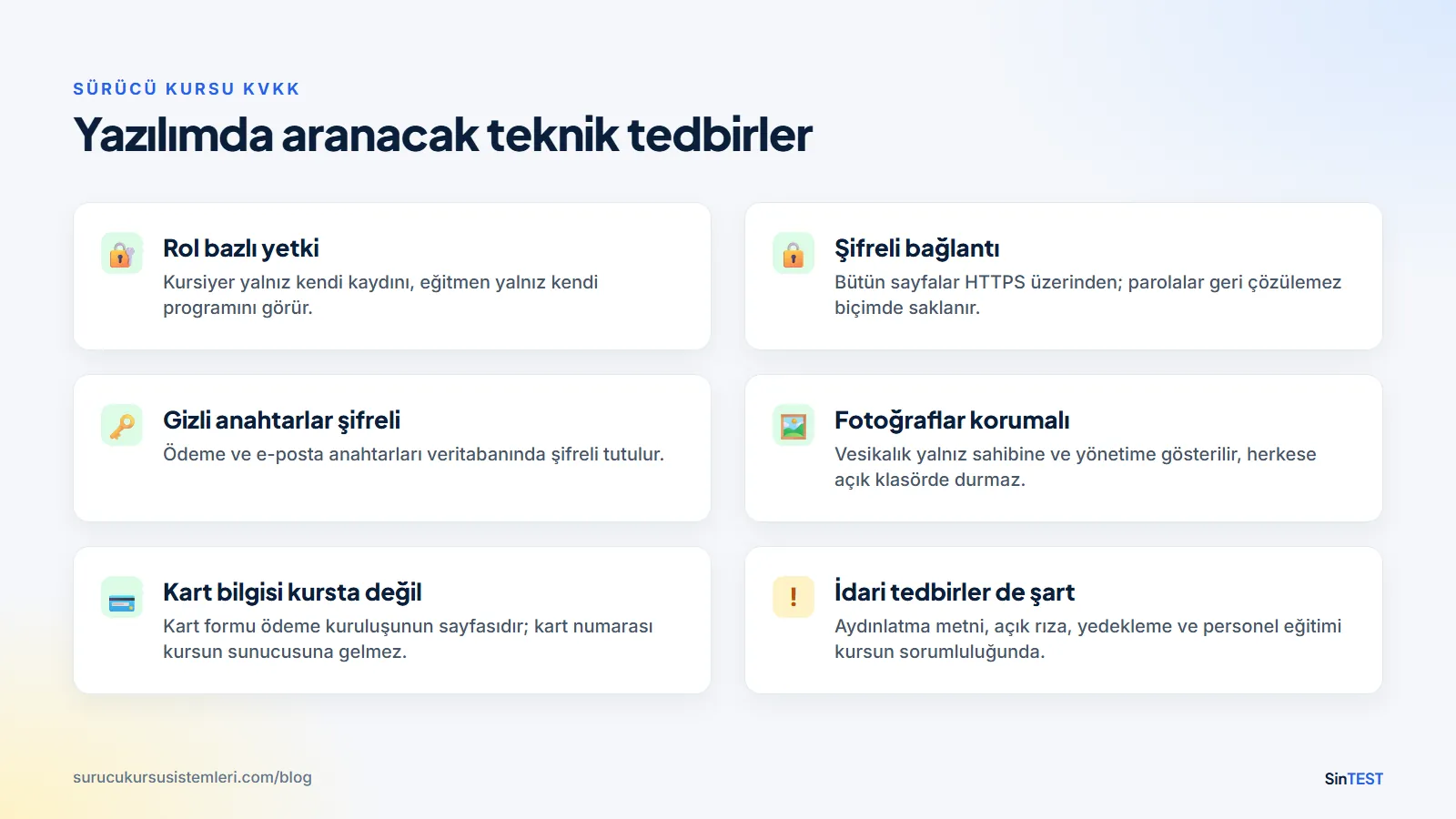 Sürücü kursu KVKK için yazılımda teknik tedbirler: rol bazlı yetki, şifreli bağlantı, şifreli anahtarlar, korumalı fotoğraflar ve kart bilgisinin kursa gelmemesi