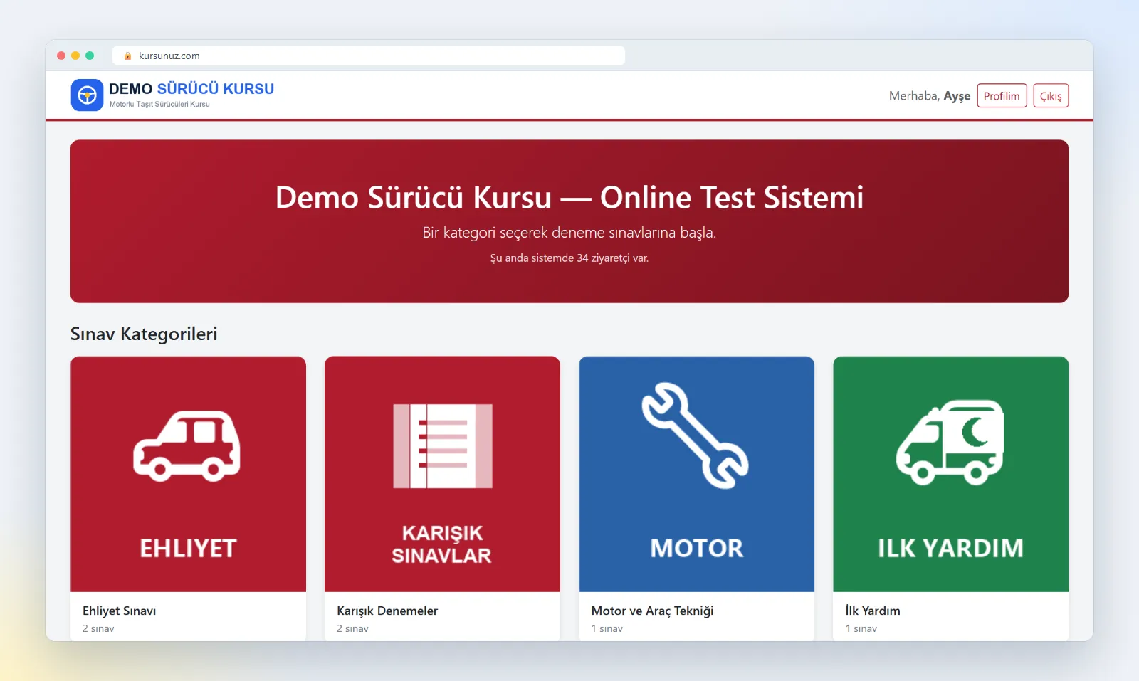 Sürücü sınavı online sınav sistemi ana sayfası: Ehliyet, Karışık Sınavlar, Motor ve İlk Yardım sınav kategorileri